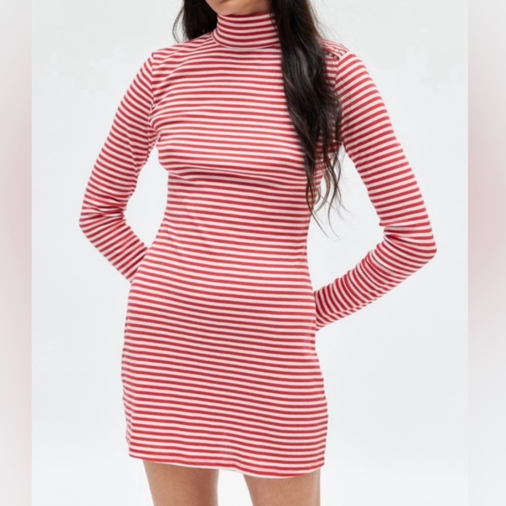 🟤NWT BDG Nola Mock Neck Long Sleeve Striped Mini Dress in Red/White